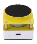 Heavy Duty Mini Disc Sander Runs Butter Smooth At 10000 Rpm Adjustable Bench Grinder For Wood And Metal With Two Sanding Pads top view with black sanding disc and yellow base.