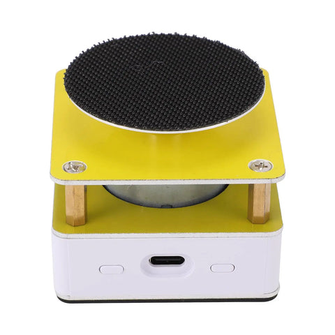 Heavy Duty Mini Disc Sander Runs Butter Smooth At 10000 Rpm Adjustable Bench Grinder For Wood And Metal With Two Sanding Pads top view with black sanding disc and yellow base.
