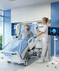 Height Adjustable Mobile Medical Monitor Cart On Wheels With Basket Storage, Supports 17 To 32 Inch Monitors Up To 20 Lbs, Pneumatic Height Adjust, Ergonomic Viewing For Hospital Clinic Lab And Beauty Salon shown next to hospital bed with patient and nurse.