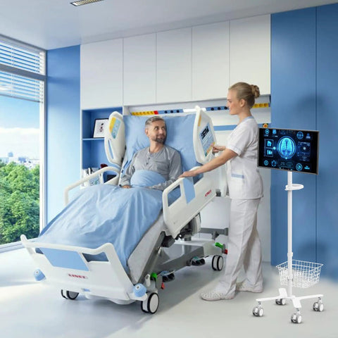 Height Adjustable Mobile Medical Monitor Cart On Wheels With Basket Storage, Supports 17 To 32 Inch Monitors Up To 20 Lbs, Pneumatic Height Adjust, Ergonomic Viewing For Hospital Clinic Lab And Beauty Salon shown next to hospital bed with patient and nurse.