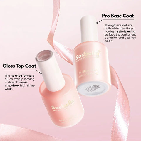 Gel Nail Foundation System Set With PH Bond, Primer, Base Coat And No Wipe Glossy Top Coat, 4x15ml bottles with ribbon