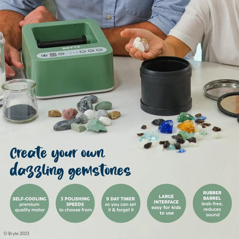 Rock Tumbler And Tumbling Machine Mint Green 3 Speed Direct Drive With 9 Day Timer And Quiet Cooling Motor, gemstones on table
