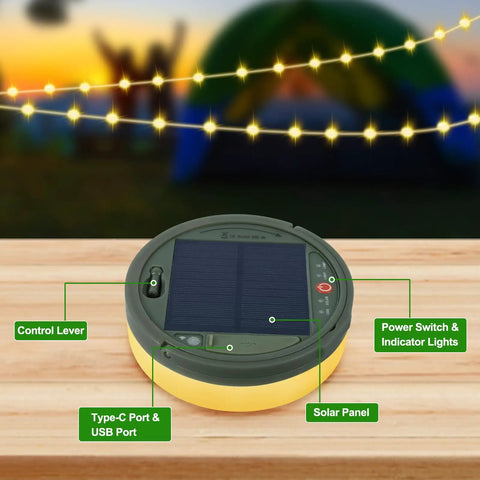 4 In 1 Solar Camping String Lights With Remote Control shown with solar panel and USB port on wooden surface