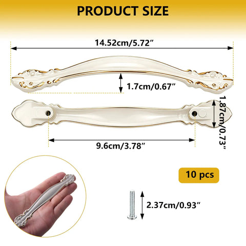 White Vintage Cabinet Pulls 10 Pack With 3.8 Inch Center Hole Spacing For Cabinets And Drawers Premium Aluminum Alloy Handles For Kitchen Cupboards Wardrobe Nightstands Screws Included For Easy Install shown with dimensions and screw
