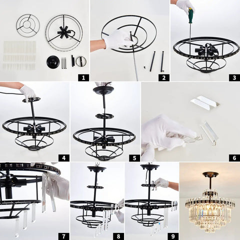 Lit 7 Light Black Crystal Chandelier Modern Semi Flush Mount Ceiling Light assembly instructions with crystal tubes in progress.