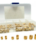 Heat Set Brass Threaded Inserts for Plastic Kit, 160Pcs, 4-40 6-32 8-32 Inch, Knurled Nut Inserts in an open storage box