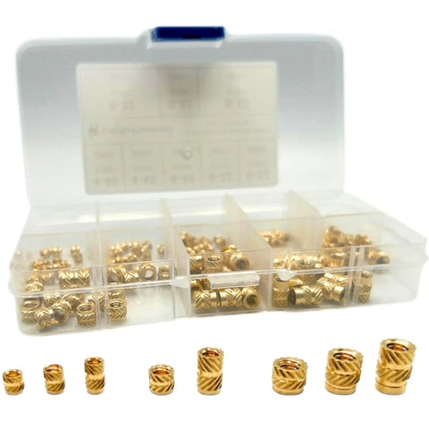 Heat Set Brass Threaded Inserts for Plastic Kit, 160Pcs, 4-40 6-32 8-32 Inch, Knurled Nut Inserts in an open storage box