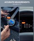 Digital Tire Pressure Gauge With Inflator And Heavy Duty Air Chuck Rubber Hose And Quick Connect For Cars And Trucks All In One Tool Accurate To 1 Percent 3-250 PSI Display Four Units Psi Bar Kpa Kg Cm2 Blue showing 36 PSI on wheel and dashboard