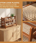Two Tier Bamboo Coffee Station Organizer For Mugs And Cups, wicker texture, displayed on a wooden cabinet in bright lighting.