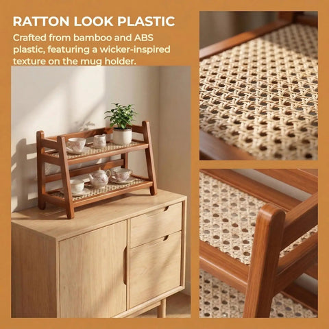 Two Tier Bamboo Coffee Station Organizer For Mugs And Cups, wicker texture, displayed on a wooden cabinet in bright lighting.