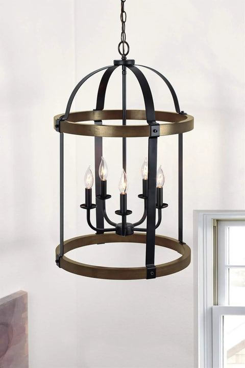 5 Light Rustic Farmhouse Lantern Chandelier With Black Metal Frame And Walnut Bird Cage Finish perfect for staircase and entryway.