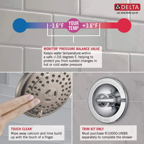Dryden 14 Series Tub And Shower Trim Kit With Single Function Shower Head Chrome Finish 2.0 GPM Flow Valve Included No Fuss Install And Universal Compatibility, showing pressure balance valve and touch clean feature.