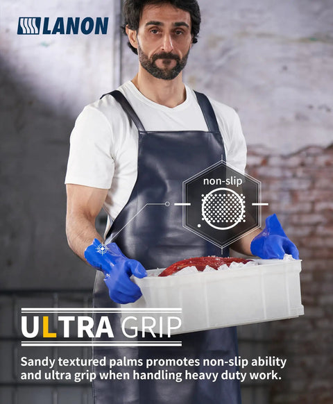 Man wearing premium pvc chemical gloves with sturdy nonslip grip, handling icy box for heavy duty work.