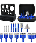 Tile Diamond Drill Bits Kit For Porcelain And Ceramic Tile 16 Piece Hole Saw Set with core bits arranged in display case.