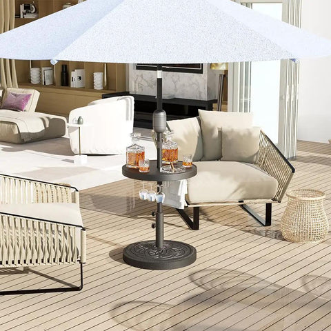Heavy Duty 48 Pound Outdoor Umbrella Base With Stainless Steel Tube And Square Resin Stand, Rustproof Black Patio Anchor For Outdoor Shade, Tough As Nails Easy Assembly And Stable All Weather Support beneath patio umbrella on wooden deck with seating area.