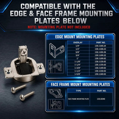 Premium Replacement Cabinet Hinges 110 And 120 Degree Heavy Duty Wood Door Hardware detailed compatibility chart with mounting plate options and screws.