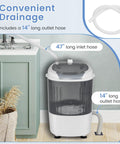 Slick Compact Mini Washer And Dryer Combo, 5.5 Pound Portable Laundry Rig with 47" inlet and 14" outlet hoses for easy drainage.