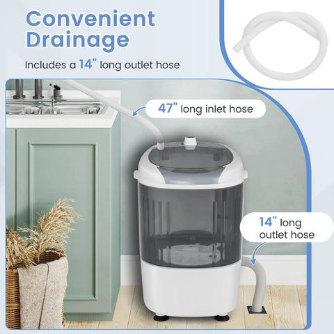 Slick Compact Mini Washer And Dryer Combo, 5.5 Pound Portable Laundry Rig with 47" inlet and 14" outlet hoses for easy drainage.