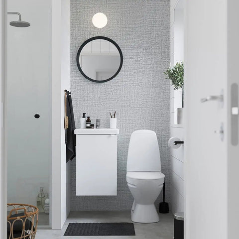 Modern bathroom with Gray Grasscloth Peel And Stick Wallpaper Self Adhesive Vinyl for Cabinets and Walls 17.7 Inch by 393.7 Inch