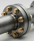 Beefy Metric Flanged Bolts And Nuts Kit Grade 8.8 High Tensile Steel on metal pipe connection, yellow zinc-plated bolts visible