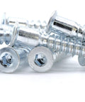 Close-up of M7 x 50mm Confirmat Screws for Flat Pack Furniture with hex socket for 5mm pre-drilled holes, durable assembly fasteners.