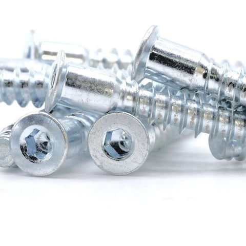Close-up of M7 x 50mm Confirmat Screws for Flat Pack Furniture with hex socket for 5mm pre-drilled holes, durable assembly fasteners.