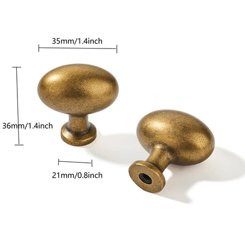 Antique Brass Cabinet Knobs 10 Pack 1-3/8 Inch Oval Drawer Knobs For Cabinets Dressers Closets And Kitchens Egg Shaped Pulls Dimensions