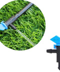 100 Pack 2 GPH Drip Emitter Flag Drippers for Garden Lawn Vegetables, blue plastic in use on grass with close-up view.