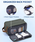 Mens Travel Toiletry Organizer Bag With Canvas And Leather Dopp Kit, showing zippered compartments and elastic loops for organization.