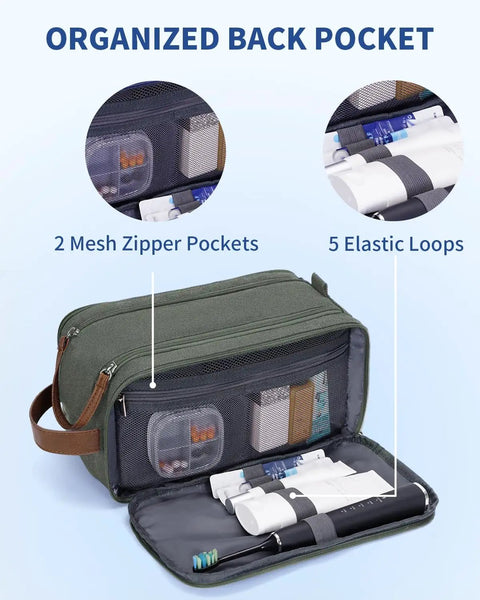 Mens Travel Toiletry Organizer Bag With Canvas And Leather Dopp Kit, showing zippered compartments and elastic loops for organization.