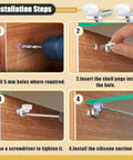 Installation steps for Beefy 5mm Shelf Pins Set of 50 With Silicone Suction Cups, showing drilling, inserting pegs, and securing.
