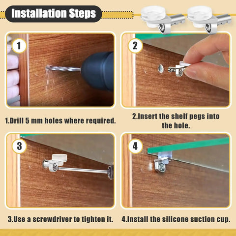 Installation steps for Beefy 5mm Shelf Pins Set of 50 With Silicone Suction Cups, showing drilling, inserting pegs, and securing.