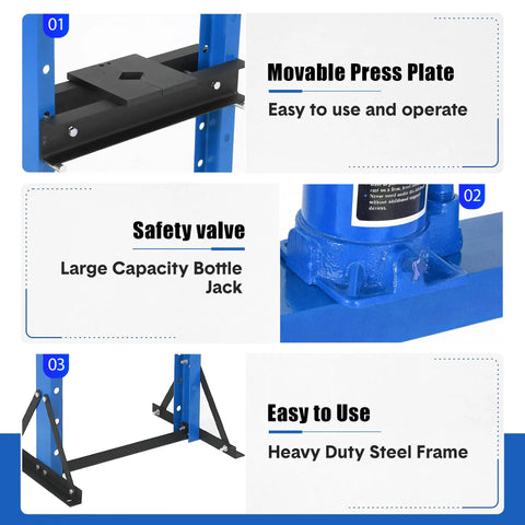 Top Shelf 12 Ton H Frame Hydraulic Press Shop Beast With Reinforced Stamping Plates For Serious Auto Repair Garage Builds And Metal Straightening Works includes a movable press plate and safety valve.