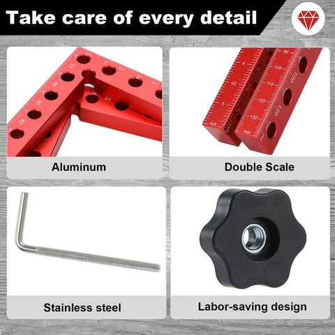Heavy Duty 90 Degree Corner Clamps For Woodworking 4 Pack 5.5 Inch Aluminum Right Angle Squares features aluminum construction with double scale.