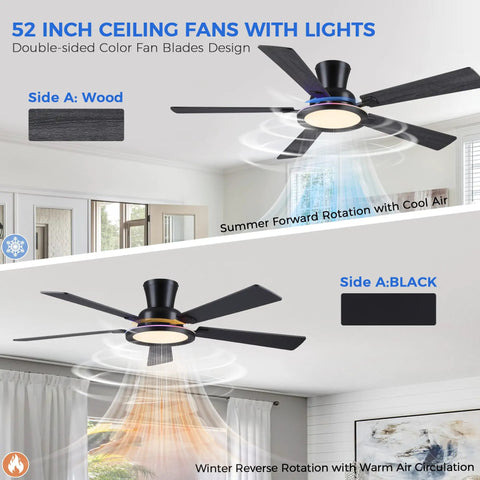 52 Inch Flush Mount Ceiling Fan With Built In Rgb Lights And Dimmable Warming Glow Featuring Brushless Reversible Motor With Six Adjustable Speeds And Low Profile Slim Frame, showcasing wood and black sides.