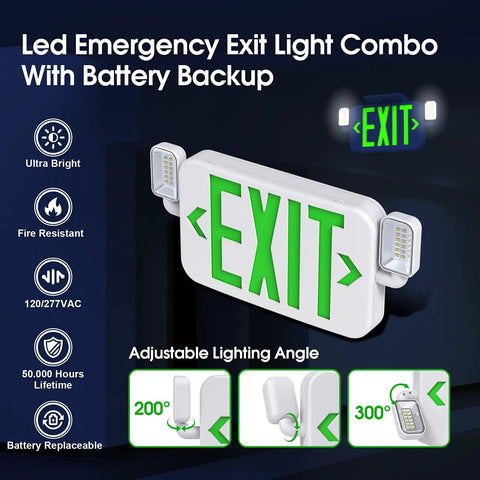 LED Combo Emergency Exit Sign With Two Adjustable Heads And Backup Battery 120 277V UL 924 Listed Green Letter