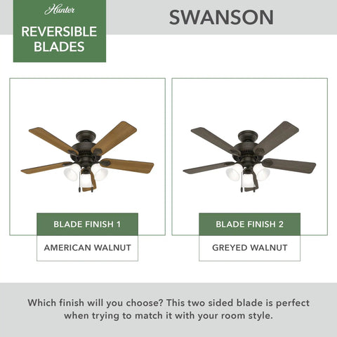 Indoor Ceiling Fan With Dope LED Lights 44 Inch Bronze Finish Five Blades Pull Chain shown in American and Greyed Walnut