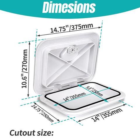 Rugged Abs Marine Deck Access Hatch 14 Inch Rectangle Boat Lid with dimensions, rubber gasket, and open wide design.