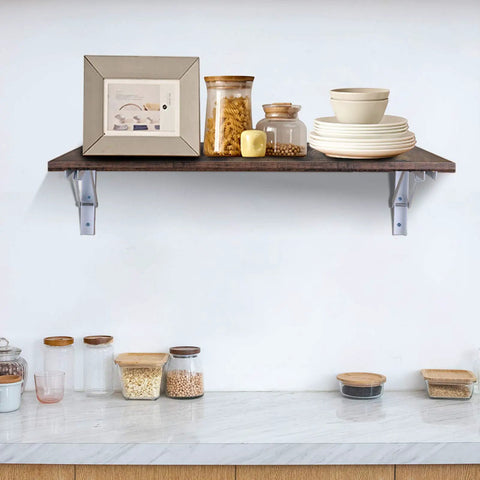 Folding Shelf Brackets Set With 400 Lb Max Load, DIY Wall Mounted Shelving Brackets holding a shelf with jars and dishes.