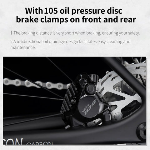 Close-up of Shimano 105 disc brake on Carbon Road Bike With 24 Speed Shimano 105 Di2 7170 Groupset Lightweight Carbon Frame And 700C Wheelset