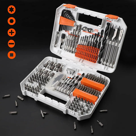 200-Piece Drill And Driver Bit Set With HSS And CR-V Bits One Fourth Inch Shank Includes Wood Metal Masonry Bits Seventy Plus Screwdriver Bits Hex Keys Magnetic Extension Transparent Storage Case For DIY Projects And Professional Use in open case showing all components.