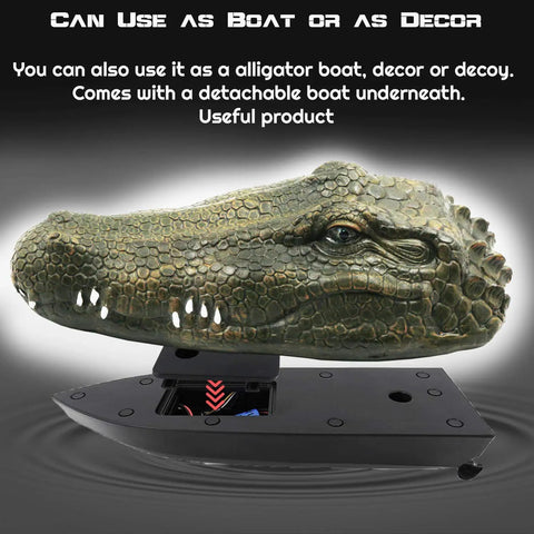 2.4 GHz Remote Control Alligator Head Boat With Realistic Resin Build, floating crocodile decoy shown with detachable boat base.