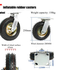 8" inflatable rubber casters with swivel design, 150kg capacity, 200mm diameter and 65mm width for smooth mobility.