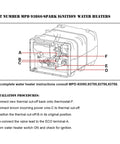 Front-view line drawing of a water heater with internal wiring and labeled terminals A–F.