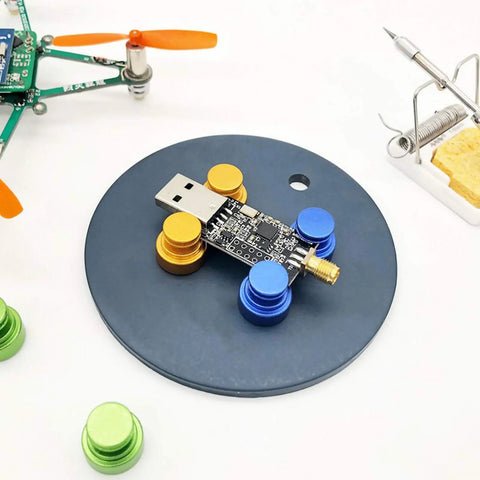 Magnetic PCB Soldering Holder Clamp with rock solid fixation, holding a circuit board on metal base MH14