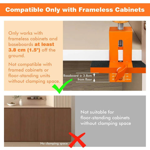 Diagram showing compatibility of cabinet door jig with frameless cabinets having baseboards at least 3.8 cm off the ground.