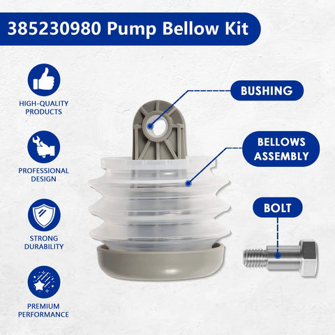 Toilet pump bellows kit front view with bellows assembly, bushing and bolt; gray plastic housing
