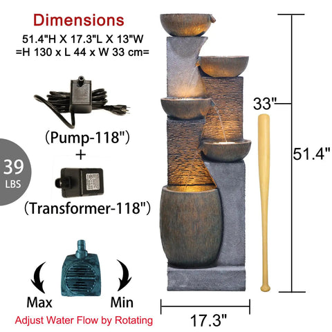 51.4 Inch Outdoor Water Fountain With Five Tier Showstopper Cascading Water Feature For Garden Patio Backyard Deck Porch And Home Art Decor With Lights And Pump Included