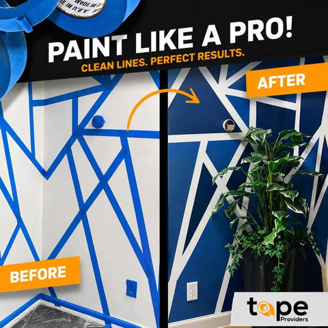 Before and after wall transformation using Blue Painter Tape 3 Inch By 60 Yards Thick Wide Masking Tape 16 Pack Pro Grade.