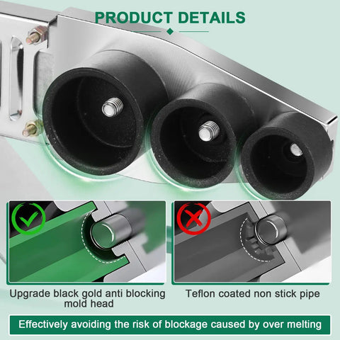 Close-up of 110V Plastic Pipe Welder with interchangeable die heads and anti-blocking mold for PPR PP PE PVC fusion.